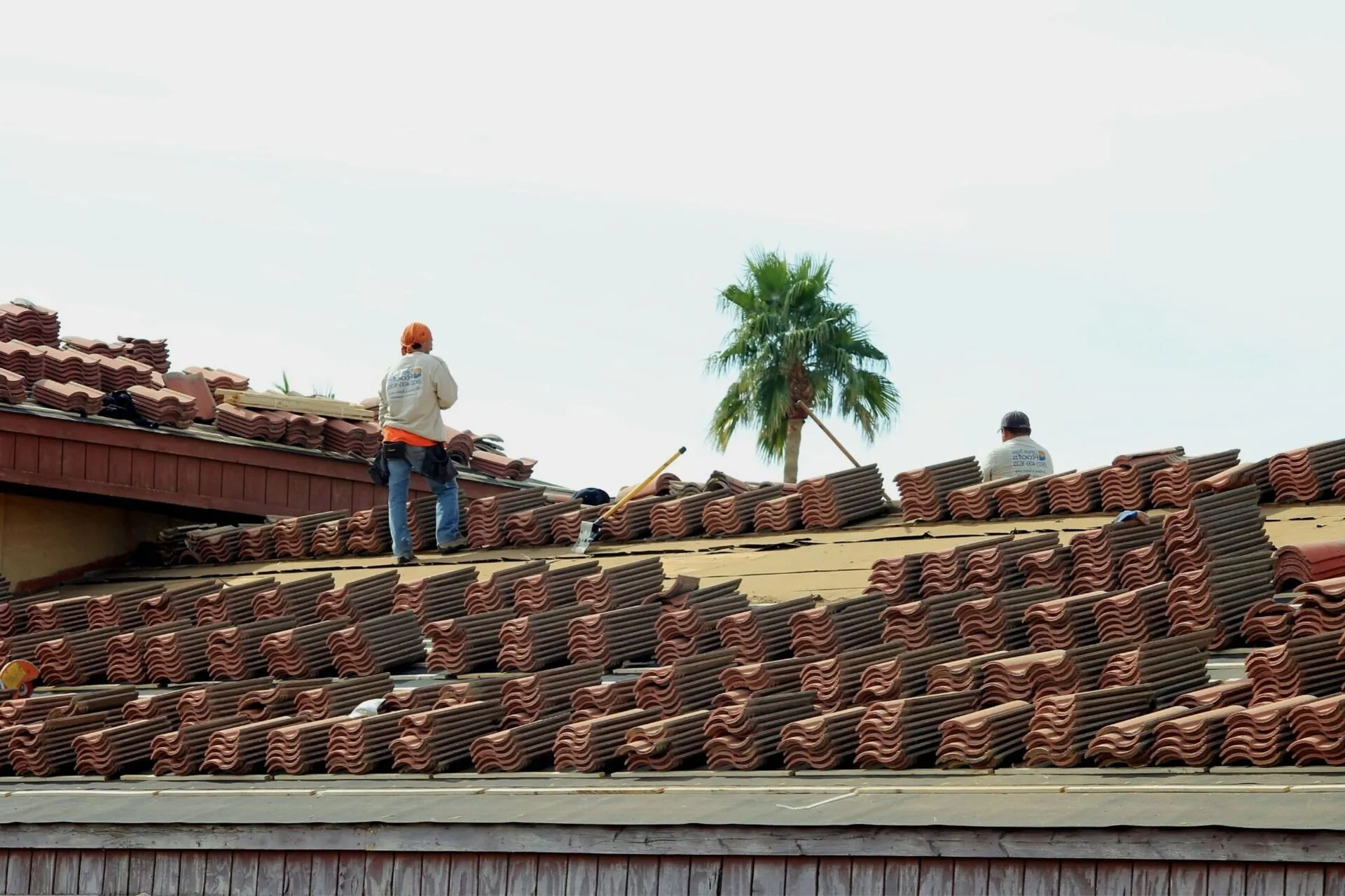 Dos personas sobre una cubierta con numerosas pilas de tejas rojizas, herramientas y una palmera al fondo.